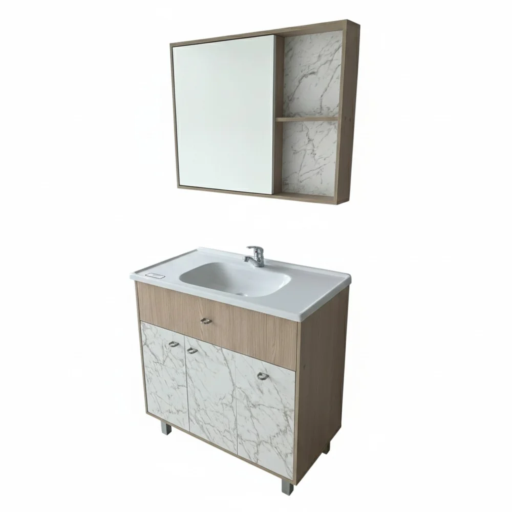 Gabinete para Banheiro com Cuba e Espelheira Amadeirado/Mármore