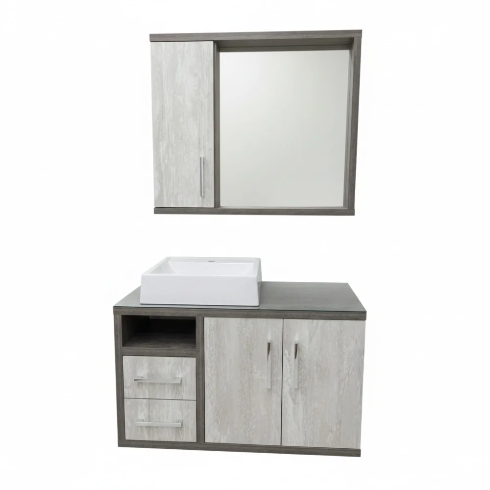 Gabinete para Banheiro com Cuba e Espelheira Cinza (Portas e Gavetas)