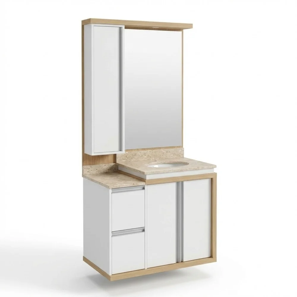 Gabinete para Banheiro com Cuba e Espelho Branco/Amadeirado